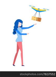 Order of woman vector, lady with fulfilled shipment, isolated person holding package carton box flying, flat style. Delivery with drone. Quadcopter flying over woman and carrying package to customer. Woman with Box, Customer with Package Order