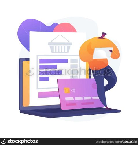 Order paying, contactless payment by credit card. Order basket, laptop, bank card. Male online customer with tablet cartoon character. Vector isolated concept metaphor illustration.. Order paying vector concept metaphor.