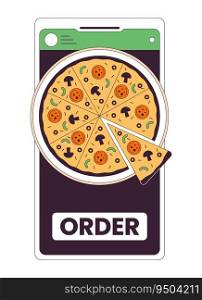 Order pizza by smartphone flat line concept vector spot illustration. Using gadget for buying food 2D cartoon outline object on white for web UI design. Editable isolated color hero image. Order pizza by smartphone flat line concept vector spot illustration