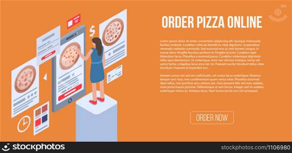 Order pizza online banner. Isometric illustration of order pizza online vector banner for web design. Order pizza online banner, isometric style