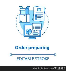 Order preparing blue concept icon. Goods dispatch idea thin line illustration. Preparation parcels for transportation. Checking data in computer. Vector isolated outline drawing. Editable stroke
