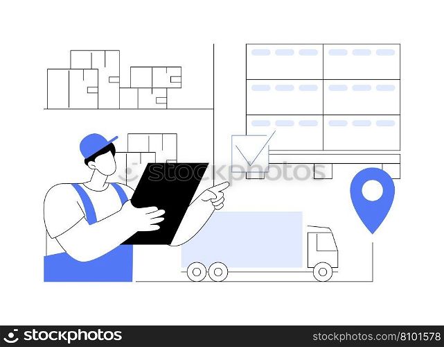 Order processing abstract concept vector illustration. Warehouse worker with tablet checking order for transportation, export and import business, foreign trade industry abstract metaphor.. Order processing abstract concept vector illustration.