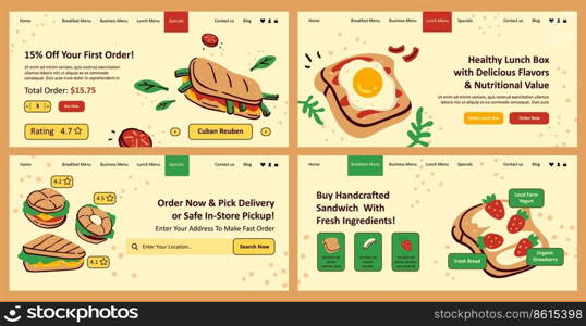 Order sandwich online, restaurant web page set. Buy handcrafted food at website landing banner collection, vector illustration. Flat product at delivery service, special offer with discount. Order sandwich online, restaurant web page set