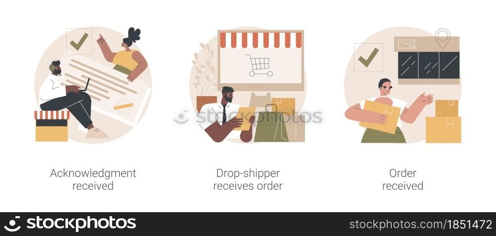 Order status abstract concept vector illustration set. Acknowledgment received, drop-shipper receives order, package delivery service, retail shopping online, shipping details abstract metaphor.. Order status abstract concept vector illustrations.