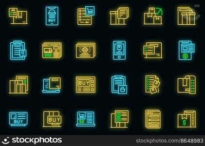 Order summary icons set outline vector. Online neon vector on black. Order summary icons set vector neon