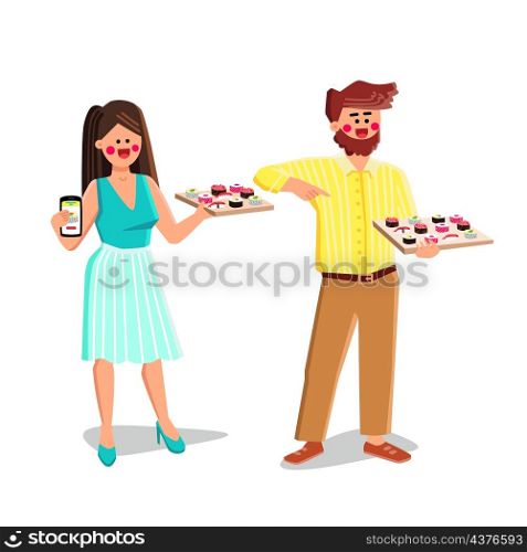 Order Sushi Food Man And Woman Together Vector. Young Boy And Girl Order Sushi Meal In Smartphone Application. Characters Online Ordering Japanese Nutrition Flat Cartoon Illustration. Order Sushi Food Man And Woman Together Vector