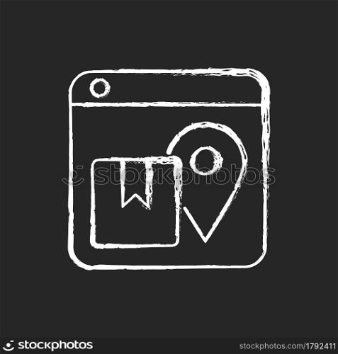 Order tracking chalk white icon on dark background. Tracing shipment status details. Online shopping. Waiting for delivery. Courier companies. Isolated vector chalkboard illustration on black. Order tracking chalk white icon on dark background