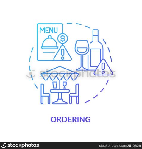 Ordering blue gradient concept icon. Table manners. Dining rules and norms. Restaurant etiquette abstract idea thin line illustration. Isolated outline drawing. Myriad Pro-Bold font used. Ordering blue gradient concept icon