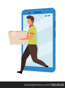 Ordering delivery online flat concept vector illustration. Courier with cardboard box isolated 2D cartoon character on white for web design. Making order for products from supermarket creative idea. Ordering delivery online flat concept vector illustration