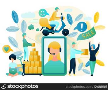 Ordering Goods in Internet Vector in Flat Design with People Buying Staff on Sale in Online Shop, Store Manager in Headset, Warehouse Worker, Courier on Scooter Delivering Package. E-Commerce Concept