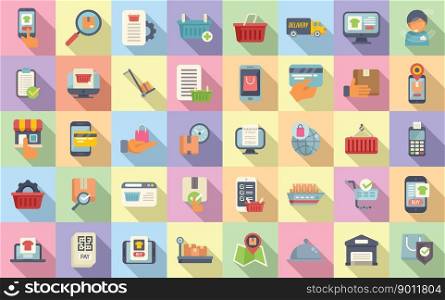 Ordering process icons set flat vector. Delivery box. Export free. Ordering process icons set flat vector. Delivery box