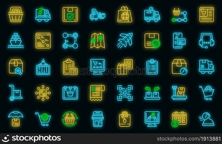 Ordering process icons set. Outline set of ordering process vector icons neon color on black. Ordering process icons set vector neon