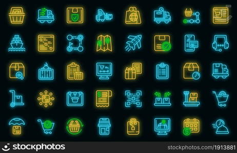 Ordering process icons set. Outline set of ordering process vector icons neon color on black. Ordering process icons set vector neon