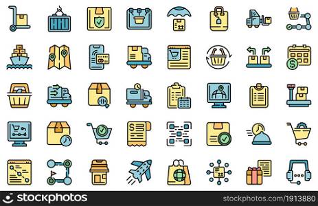 Ordering process icons set. Outline set of ordering process vector icons thin line color flat isolated on white. Ordering process icons set line color vector