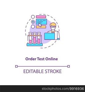 Ordering test online concept icon. Lab test ordering step idea thin line illustration. Home blood testing kit. Monitoring health conditions. Vector isolated outline RGB color drawing. Editable stroke. Ordering test online concept icon