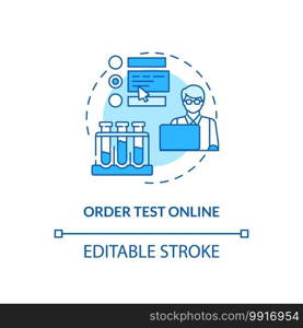 Ordering test online concept icon. Lab test ordering step idea thin line illustration. Home blood testing kit. Doctor order. Vector isolated outline RGB color drawing. Editable stroke. Ordering test online concept icon