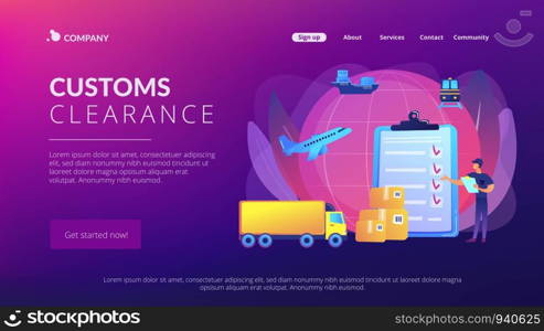 Orders worldwide shipment service agreement. Customs clearance, calculation of customs duties, professional customs clearance services concept. Website homepage landing web page template.. Customs clearance concept landing page