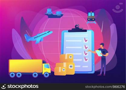 Orders worldwide shipment service agreement. Customs clearance, calculation of customs duties, professional customs clearance services concept. Bright vibrant violet vector isolated illustration