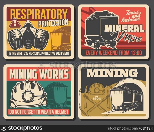 Ore and coal mining poster, mine industry factory and miner equipment, vector. Mining machinery and tools at coal and metal ore deposit quarry, miner wheelbarrow and respiratory protection sign. Ore and coal mining poster, mine industry factory