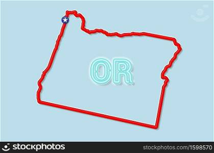 Oregon US state bold outline map. Glossy red border with soft shadow. Two letter state abbreviation. Vector illustration.. Oregon US state bold outline map. Vector illustration