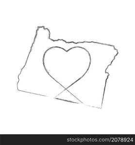 Oregon US state hand drawn pencil sketch outline map with heart shape. Continuous line drawing of patriotic home sign. A love for a small homeland. T-shirt print idea. Vector illustration.. Oregon US state hand drawn pencil sketch outline map with the handwritten heart shape. Vector illustration