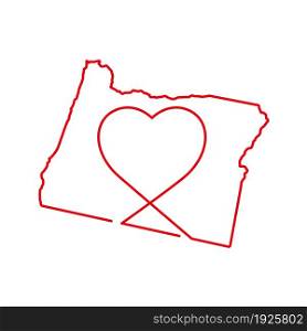 Oregon US state red outline map with the handwritten heart shape. Continuous line drawing of patriotic home sign. A love for a small homeland. T-shirt print idea. Vector illustration.. Oregon US state red outline map with the handwritten heart shape. Vector illustration