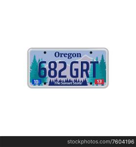 Oregon vehicle number plate isolated car registration sign. Vector USA state metal numberplate. Number plate of Oregon isolated registration sign
