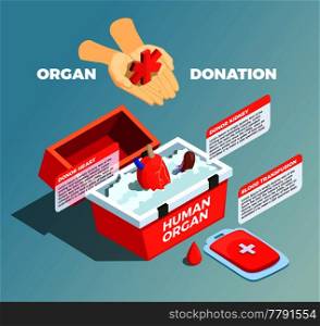 Organ donation isometric composition with donor kidney and donor heart in medical container and blood bad used for transfusion vector illustration. Organ Donation Isometric Composition