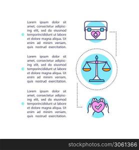 Organ donation laws concept icon with text. Transplantation clinic PPT page vector template. Legal healthcare issues brochure, magazine, booklet design element with linear illustrations. Organ donation laws concept icon with text