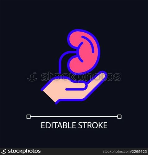 Organ donation pixel perfect RGB color icon for dark theme. Living, deceased body parts offer. Transplantation. Simple filled line drawing on night mode background. Editable stroke. Arial font used. Organ donation pixel perfect RGB color icon for dark theme