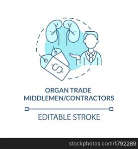 Organ trade middlemen, contractors blue concept icon. Black market intermediaries abstract idea thin line illustration. Organ trafficking. Vector isolated outline color drawing. Editable stroke. Organ trade middlemen or contractors blue concept icon
