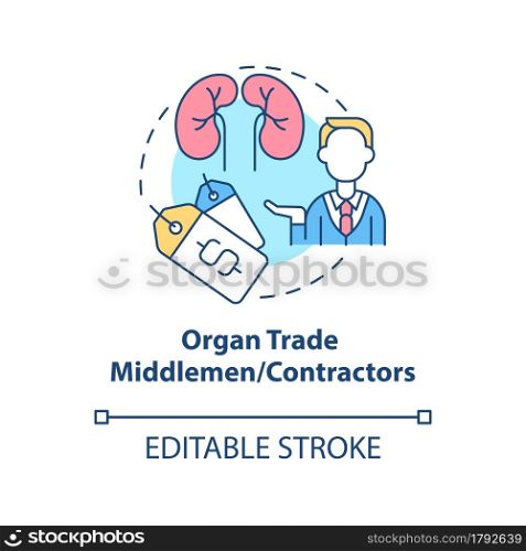 Organ trade middlemen, contractors concept icon. Illicit organ trade intermediaries abstract idea thin line illustration. Trafficking in organs. Vector isolated outline color drawing. Editable stroke. Organ trade middlemen or contractors concept icon