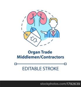 Organ trade middlemen, contractors concept icon. Illicit organ trade intermediaries abstract idea thin line illustration. Trafficking in organs. Vector isolated outline color drawing. Editable stroke. Organ trade middlemen or contractors concept icon