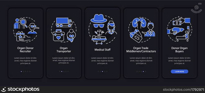 Organ trade participants dark onboarding mobile app page screen. Walkthrough 5 steps graphic instructions with concepts. UI, UX, GUI vector template with linear night mode illustrations. Organ trade participants dark onboarding mobile app page screen