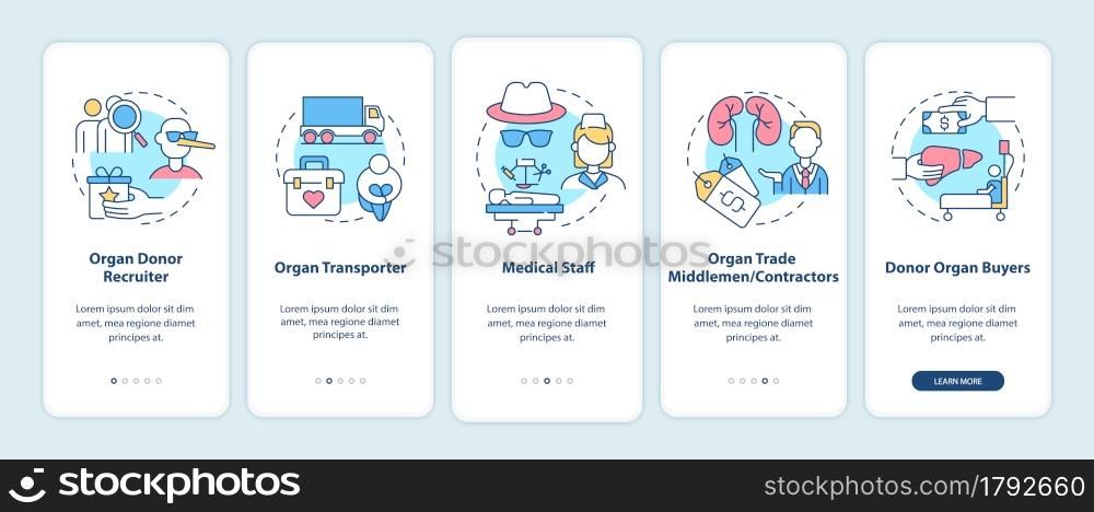 Organ trade trafficking participants onboarding mobile app page screen. Organ sale walkthrough 5 steps graphic instructions with concepts. UI, UX, GUI vector template with linear color illustrations. Organ trade trafficking participants onboarding mobile app page screen