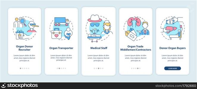 Organ trade trafficking participants onboarding mobile app page screen. Organ sale walkthrough 5 steps graphic instructions with concepts. UI, UX, GUI vector template with linear color illustrations. Organ trade trafficking participants onboarding mobile app page screen