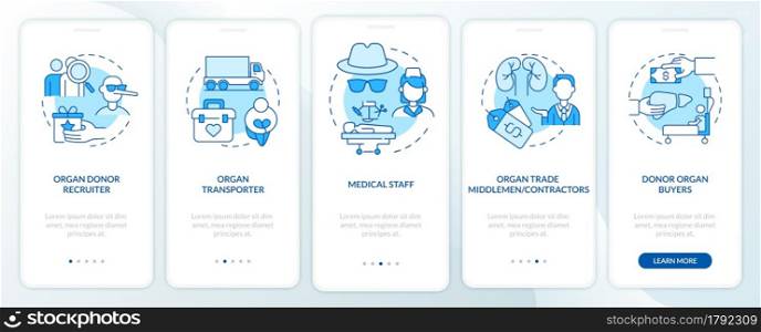 Organ trafficking blue onboarding mobile app page screen. Organ black market walkthrough 5 steps graphic instructions with concepts. UI, UX, GUI vector template with linear color illustrations. Organ trafficking blue onboarding mobile app page screen