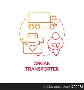 Organ transporter red concept icon. donors transfer abstract idea thin line illustration. Person lured into transplantation. Illegal organ procurement. Vector isolated outline color drawing. Organ transporter red concept icon