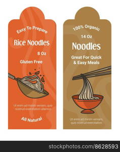 Organic and all natural meal, rice Japanese noodles easy to prepare. Isolated labels or stickers for products and packages. Asian cuisine and balanced dieting, nutrition. Vector in flat style. Rice noodles, easy to prepare quality food, emblem