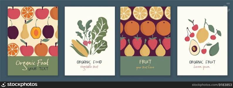 Organic and fresh vegetables and fruits food banner template set. Market shop or restaurant using healthy and bio natural food products. Farm that produces organic food. Eco-environment 