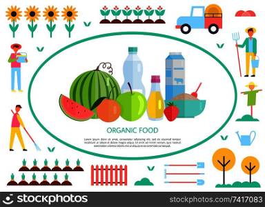 Organic and natural food production, vector banner. Plant and milk products framed in center, working people, equipment and car, garden beds and herbs. Organic and Natural Food Production, Vector Banner