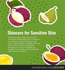 Organic and natural ingredients for skincare for sensitive skin, cosmetic products and fresh dieting and nutrition. Promo banner with text, advertisement or food presentation. Vector in flat style. Skincare for sensitive skin, organic and natural