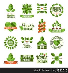 Organic And Natural Labels Set. Labels and emblems flat set of organic and natural products isolated vector illustration