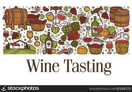 Organic and natural production of wine, tasting and brewery of fine alcohol. Wooden barrels for fermenting, grapes and ingredients for making drinks. Farm and countryside view. Vector in flat style. Wine tasting barrels with fermented alcohol vector