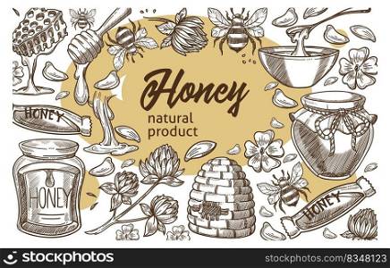 Organic and natural products, honey ingredients for cooking and cosmetics industry. Beekeeping and bio production at farm. Jar with sweet syrup and flowers blossom sketch. Vector in flat style. Honey natural products, organic ingredient cooking