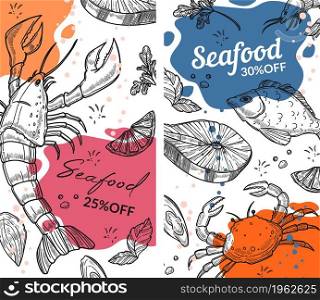Organic and natural seafood, reduction of price and discounts on food. 25 percent off on products. Delicacy and tasty meal. Shrimps and lobster, salmon and crab. Monochrome vector in flat style. Seafood 25 percent off, reduction of price vector
