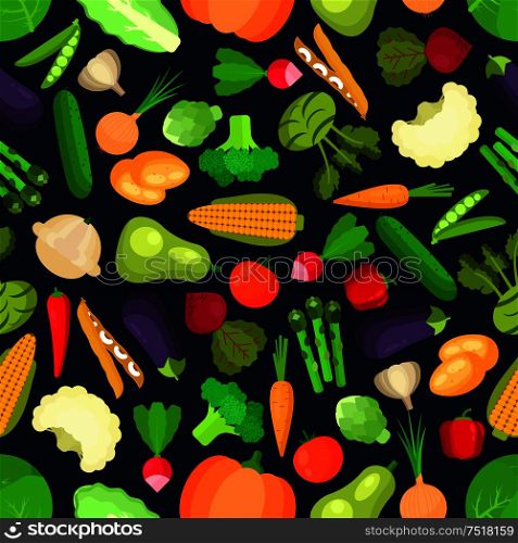 Organic and vegetarian vegetables seamless pattern isolated on white with healthy cabbage and mature onion, mature peas and tasty carrot, raw corn and asparagus, garden pumpkin and squash, zucchini and cucumber. Ingredients for vegetarian salad . Organic vegetables seamless pattern