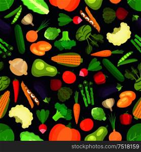 Organic and vegetarian vegetables seamless pattern isolated on white with healthy cabbage and mature onion, mature peas and tasty carrot, raw corn and asparagus, garden pumpkin and squash, zucchini and cucumber. Ingredients for vegetarian salad . Organic vegetables seamless pattern