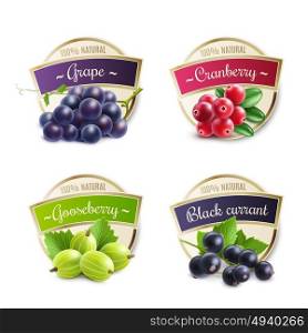 Organic Berries Labels Collection. Organic berries labels collection with gooseberry grape cranberry black currant for package design isolated vector illustration
