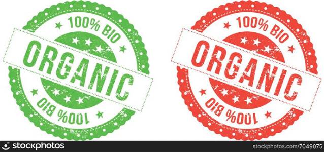 Organic Bio Seals. Illustration of a set of red and green organic seals, for bio food business, with grunge texture